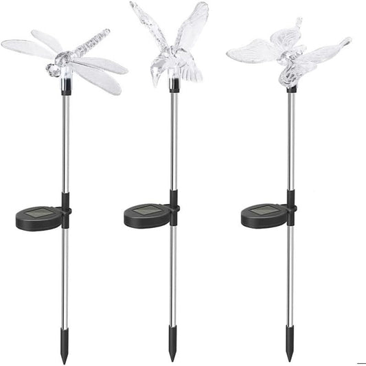 Set 3 Lampi Solare LED tip pasare-fluture-libelula, Inaltime 43 cm, Klevo, Multicolor