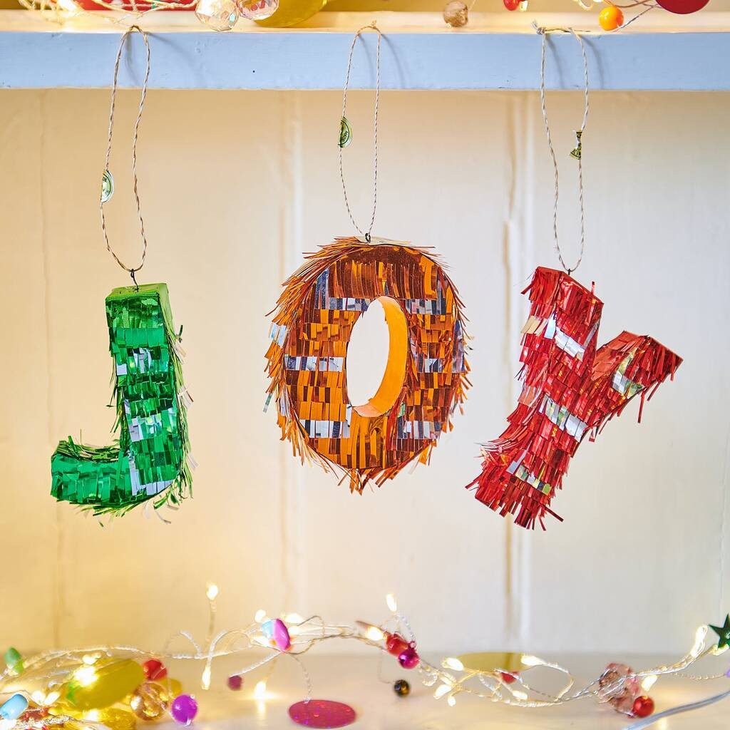 Pinata Mini JOY, Klevo, Accesoriu pentru Petrecere Set 3 Bucati din Hartie Creponata si Carton, Pinata pentru Petreceri, 40 x 27 x 8 cm, Verde Portocaliu Rosu