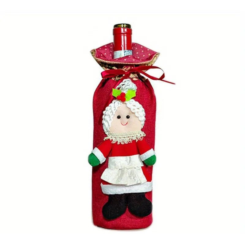Decoratiune pentru Sticla de Vin, Klevo, Tema Craciun, Model Doamna Craciun, 14 x 29 cm, Rosu
