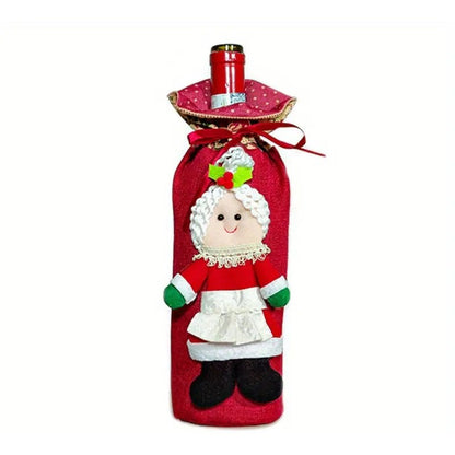 Decoratiune pentru Sticla de Vin, Klevo, Tema Craciun, Model Doamna Craciun, 14 x 29 cm, Rosu