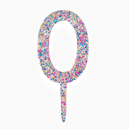 Decoratiune Topper pentru Tort, Klevo, din Acrilic cu Fulgi de Sclipici, Model Cifra 0, Inaltime 18.5 cm, Transparent Multicolor