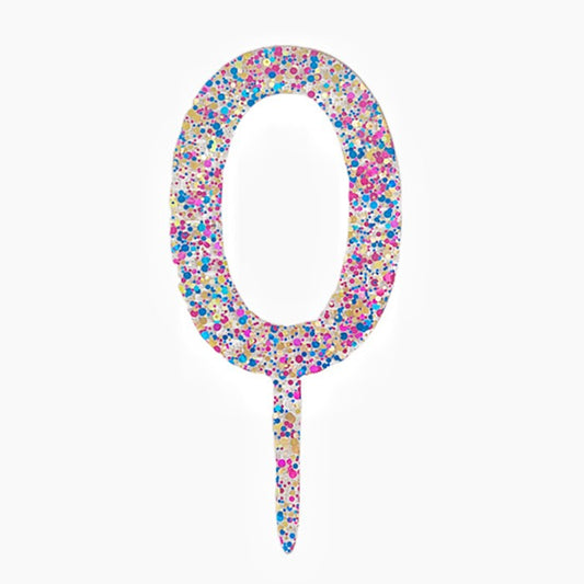 Decoratiune Topper pentru Tort, Klevo, din Acrilic cu Fulgi de Sclipici, Model Cifra 0, Inaltime 18.5 cm, Transparent Multicolor