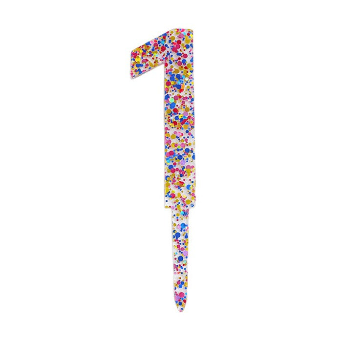 Decoratiune Topper pentru Tort, Klevo, din Acrilic cu Fulgi de Sclipici, Model Cifra 1, Inaltime 18.5 cm, Transparent Multicolor