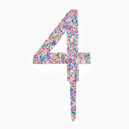 Decoratiune Topper pentru Tort, Klevo, din Acrilic cu Fulgi de Sclipici, Model Cifra 4, Inaltime 18.5 cm, Transparent Multicolor