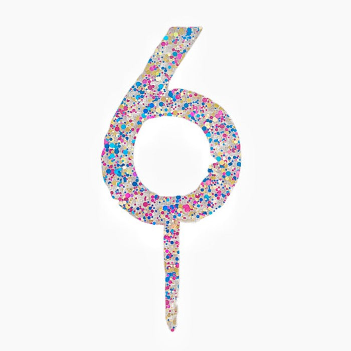 Decoratiune Topper pentru Tort, Klevo, din Acrilic cu Fulgi de Sclipici, Model Cifra 6, Inaltime 18.5 cm, Transparent Multicolor