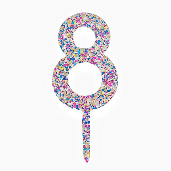 Decoratiune Topper pentru Tort, Klevo, din Acrilic cu Fulgi de Sclipici, Model Cifra 8, Inaltime 18.5 cm, Transparent Multicolor