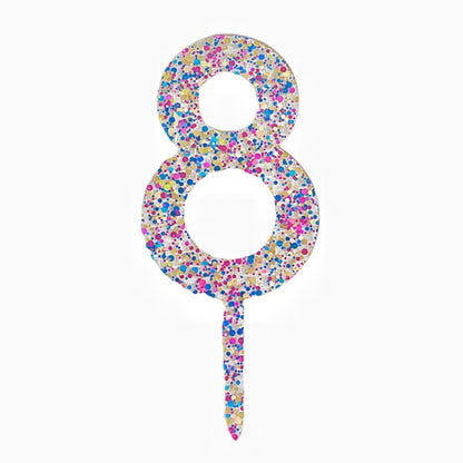 Decoratiune Topper pentru Tort, Klevo, din Acrilic cu Fulgi de Sclipici, Model Cifra 8, Inaltime 18.5 cm, Transparent Multicolor