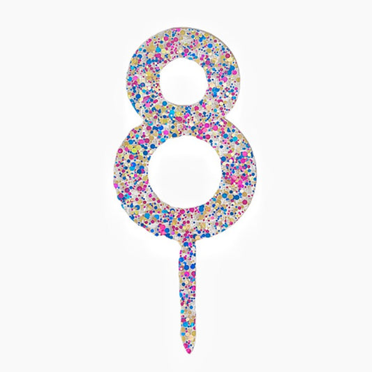 Decoratiune Topper pentru Tort, Klevo, din Acrilic cu Fulgi de Sclipici, Model Cifra 8, Inaltime 18.5 cm, Transparent Multicolor
