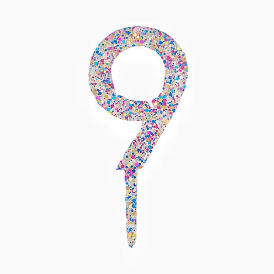 Decoratiune Topper pentru Tort, Klevo, din Acrilic cu Fulgi de Sclipici, Model Cifra 9, Inaltime 18.5 cm, Transparent Multicolor