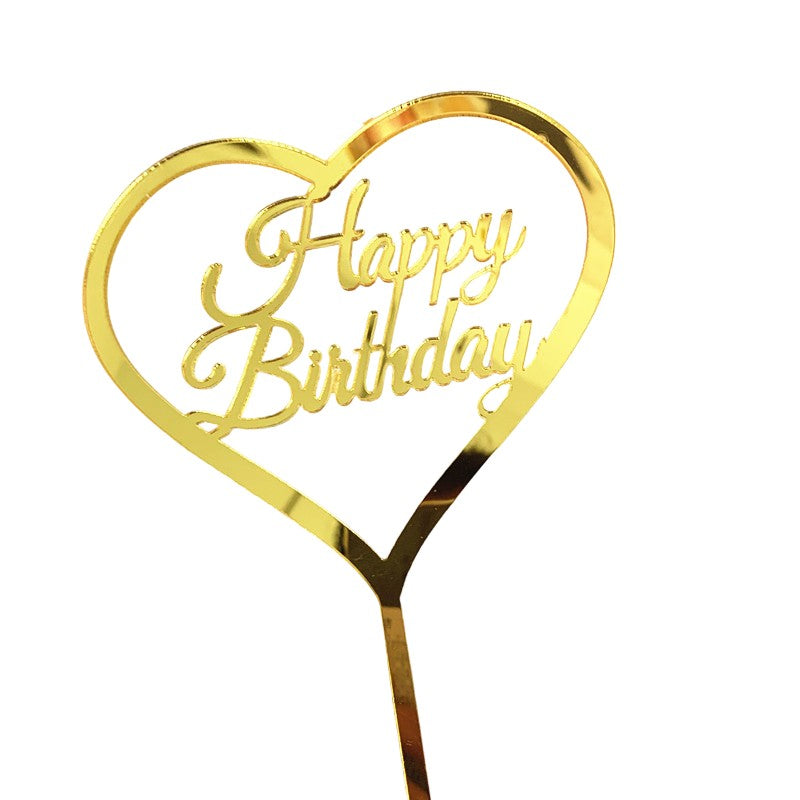 Decoratiune Topper pentru Tort, Klevo, Model Inimioara Scris Happy Birthday, Tematica Aniversare, Auriu