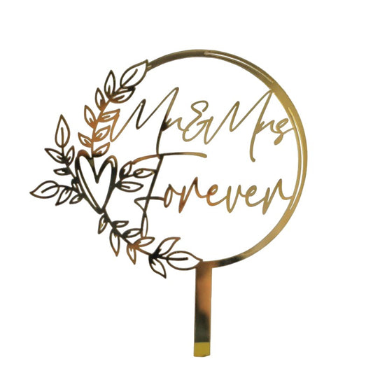 Decoratiune Topper pentru Tort, Klevo, Model Mr&Mrs Forever, Tematica Nunta, 10 cm, Auriu