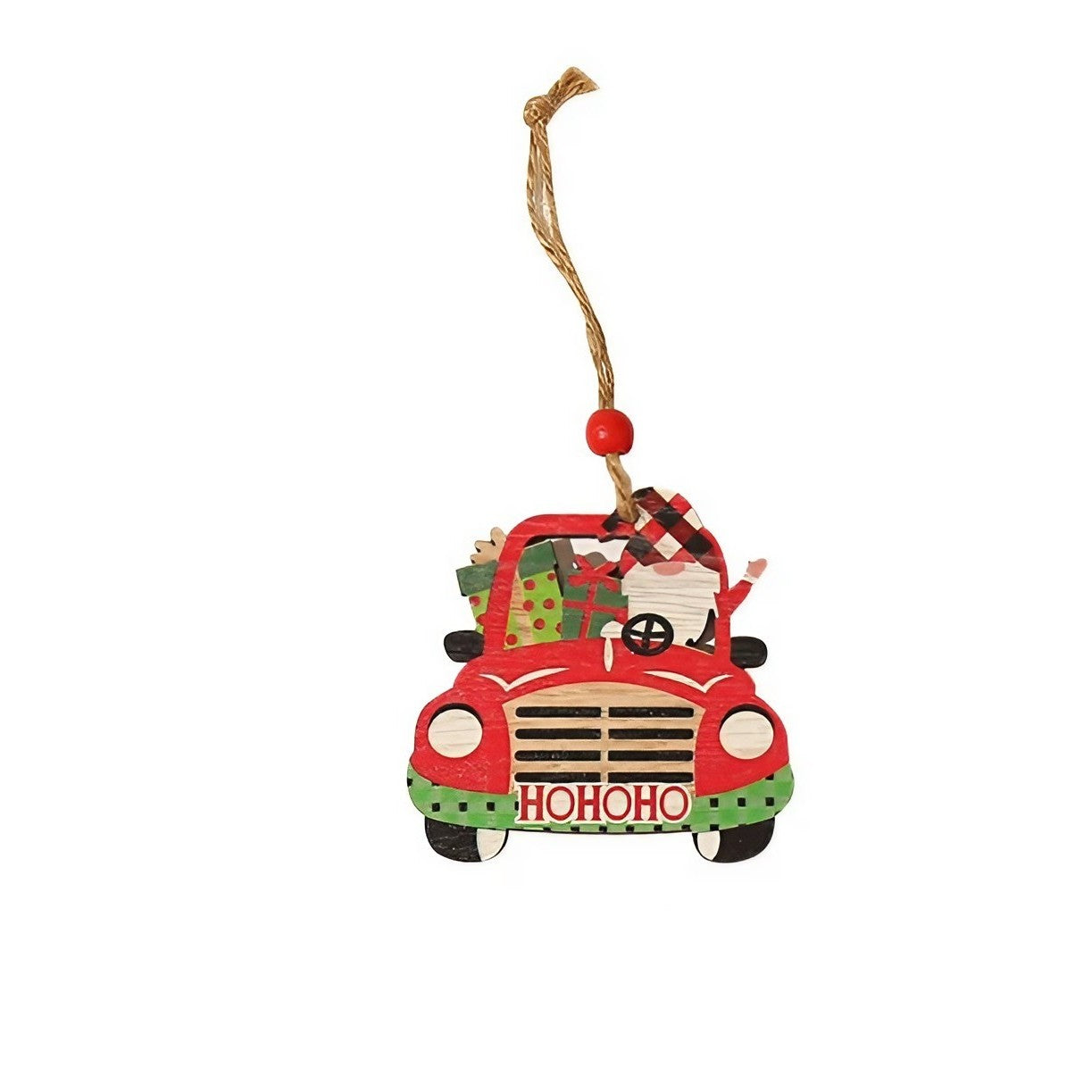 Decoratiune de Craciun din Lemn, Klevo, cu Snur pentru Agatare in Brad, Model Masina lui Mos Craciun, Scris HoHoHO, 8x8x0.4 cm, Multicolor