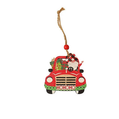 Decoratiune de Craciun din Lemn, Klevo, cu Snur pentru Agatare in Brad, Model Masina lui Mos Craciun, Scris HoHoHO, 8x8x0.4 cm, Multicolor
