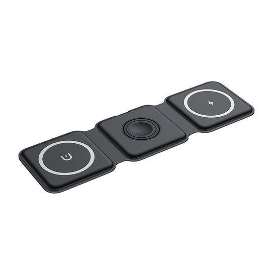 Incarcator Wireless Magnetic/Pliabil 3in1, Klevo, Multifunctional de Birou, 15W, Compatibil cu iOS/Android, 25 x 7.5 x 1 cm, Negru
