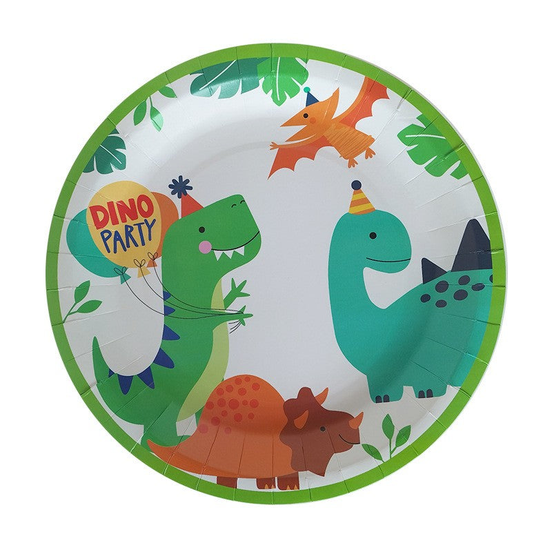 Set 10 Farfurii de Carton Happy Birthday, Klevo, 23 cm, Tematica Aniversare, Model Dinozauri, Multicolor
