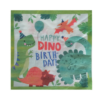 Set 20 de Servetele de Masa Happy Birthday, Klevo, Model Dinozauri, Tematica Aniversare, 33x33 cm, Verde