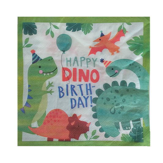 Set 20 de Servetele de Masa Happy Birthday, Klevo, Model Dinozauri, Tematica Aniversare, 33x33 cm, Verde