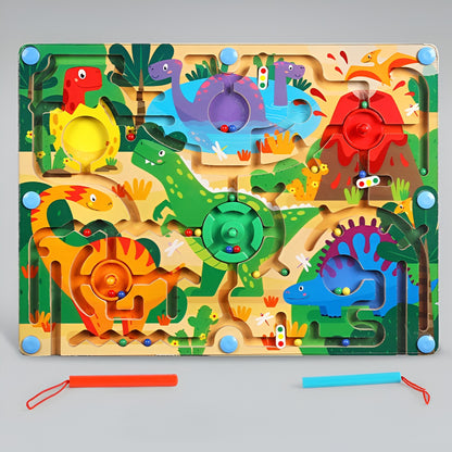 Joc Montessori de Sortare Culori, Klevo, Creion Magnetic, Tip Labirint Ilustrat, din Lemn, Model Dinozauri, 39x29x1.5 cm