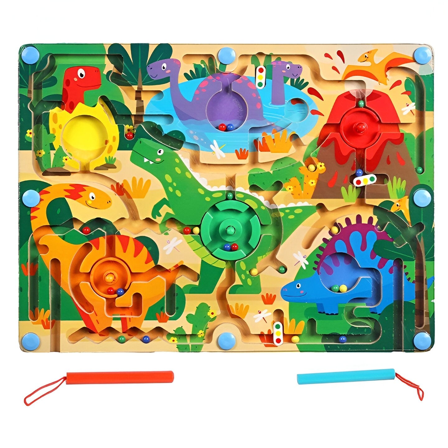 Joc Montessori de Sortare Culori, Klevo, Creion Magnetic, Tip Labirint Ilustrat, din Lemn, Model Dinozauri, 39x29x1.5 cm