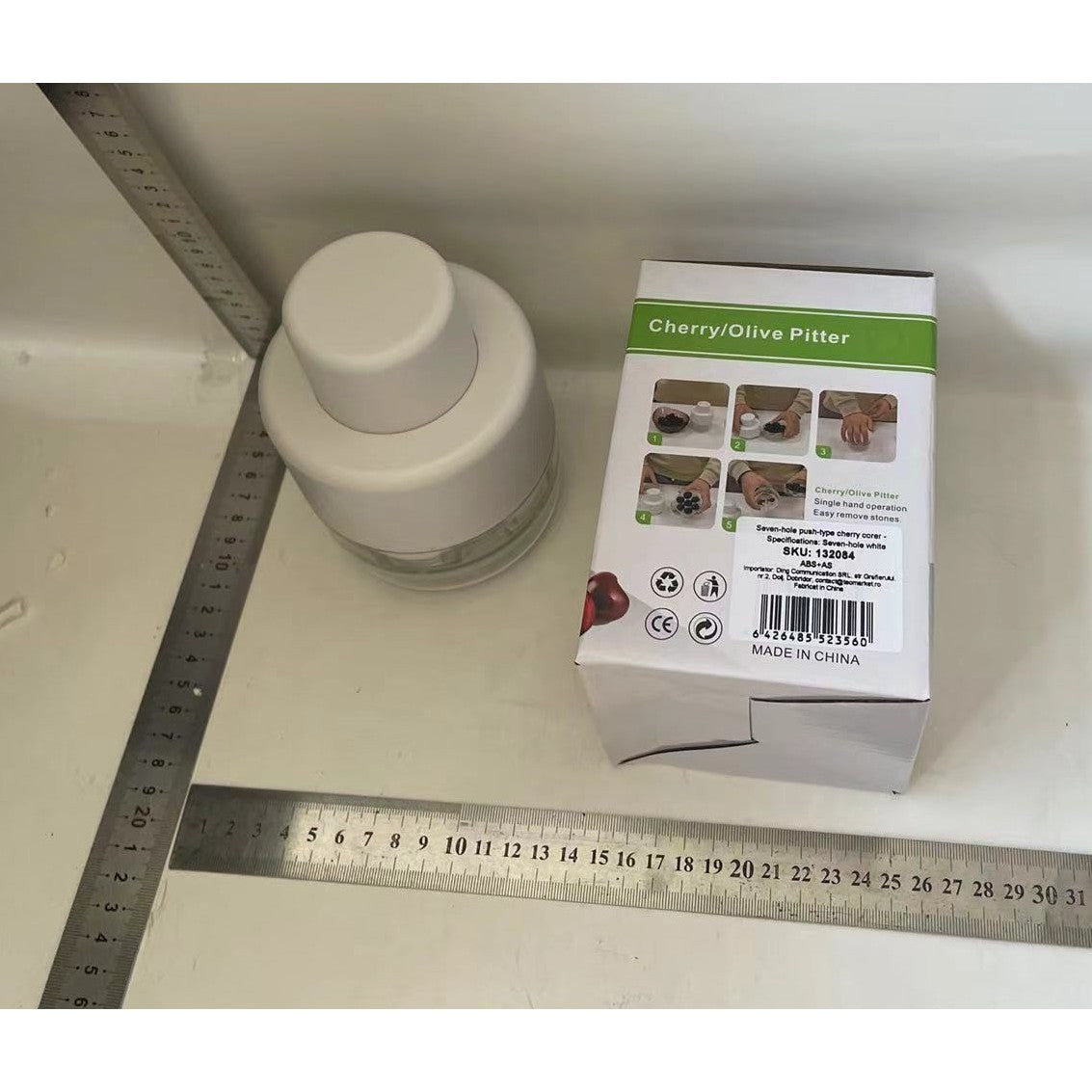 Dispozitiv de Scos Samburi, Klevo, Manual, cu 7 Gauri, pentru Cirese, 13 x 9.2 cm, din ABS, Alb