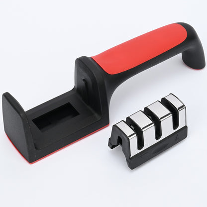 Dispozitiv pentru ascutit cutite Klevo, cu 3 pozitii, rosu/negru, material inox si ABS, 21.5x5x6 cm