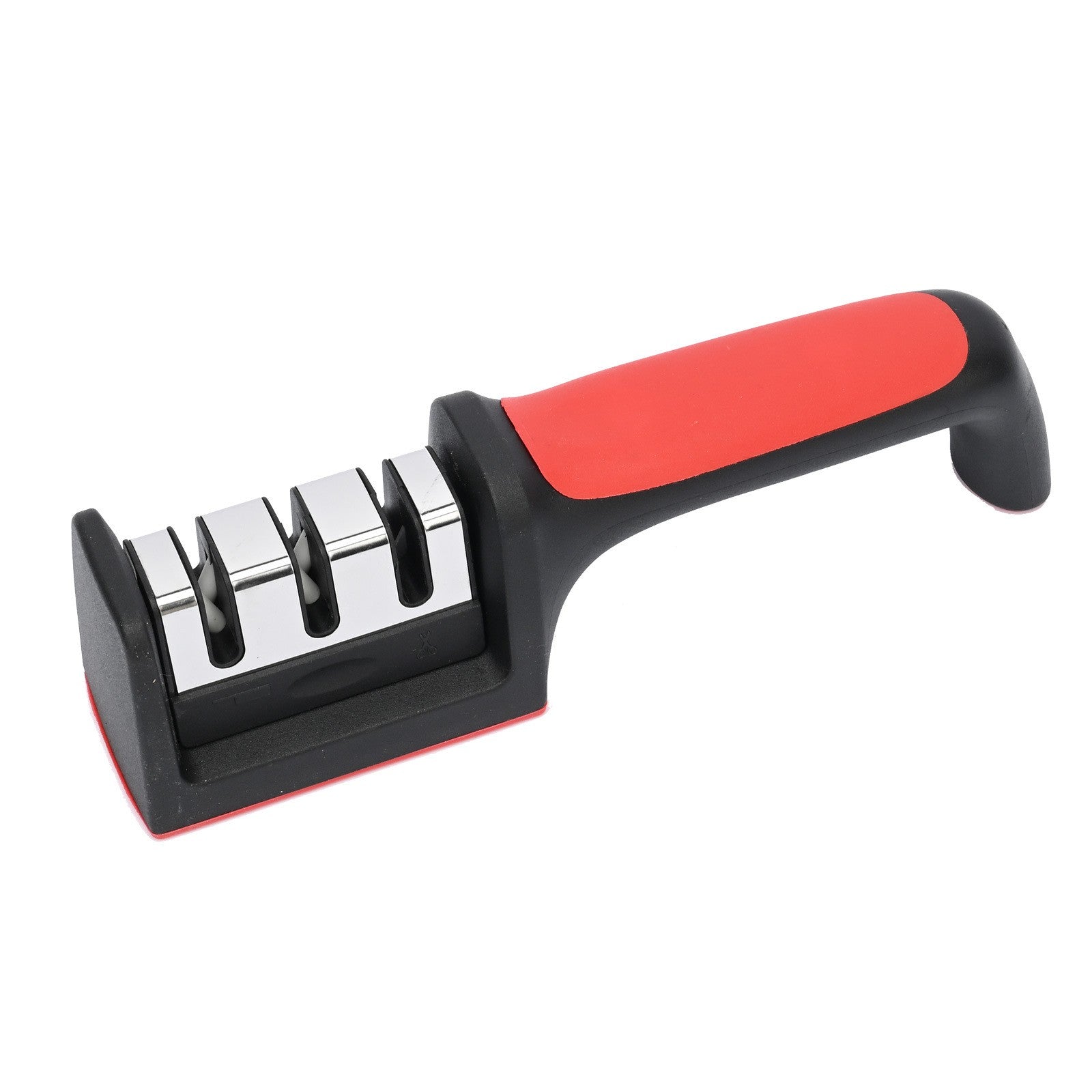 Dispozitiv pentru ascutit cutite Klevo, cu 3 pozitii, rosu/negru, material inox si ABS, 21.5x5x6 cm
