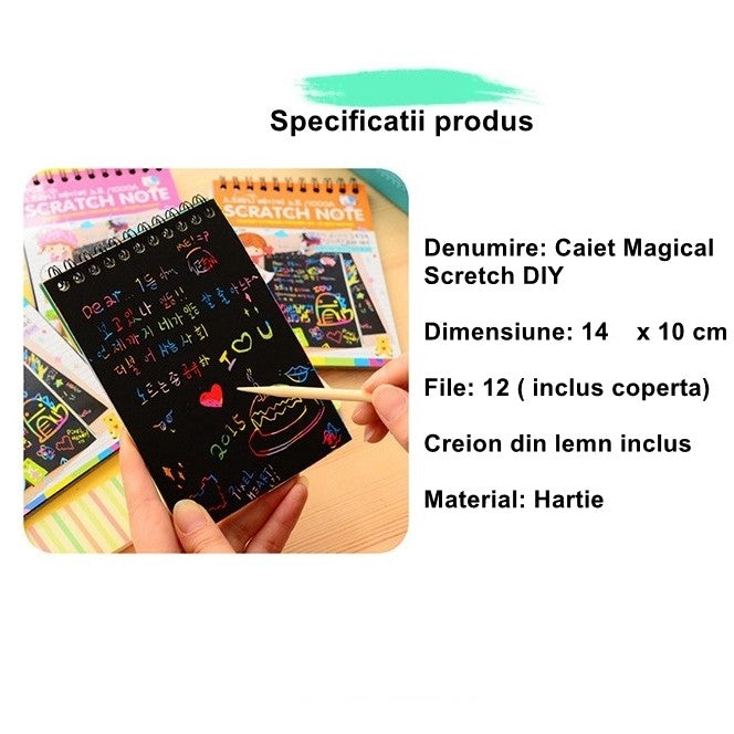 Caiet cu fise razuibile Klevo, DIY Magic Scratch, 12 File, Curcubeu, Creion din Lemn, Cartonase negre, 14 x 10 cm, galben