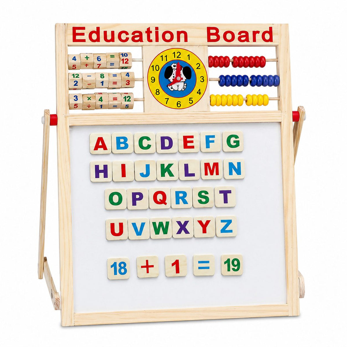 Tabla Educativa Magnetica cu Doua Fete, Klevo, Cadru din Lemn, Abac, Ceas, Litere, Cifre si Semne Matematice, Reglabila pe Inaltime, 52x36 cm