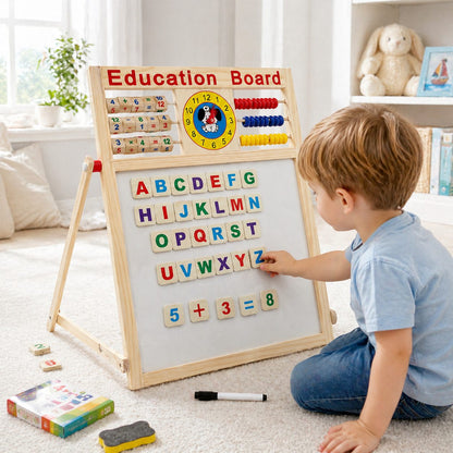 Tabla Educativa Magnetica cu Doua Fete, Klevo, Cadru din Lemn, Abac, Ceas, Litere, Cifre si Semne Matematice, Reglabila pe Inaltime, 52x36 cm