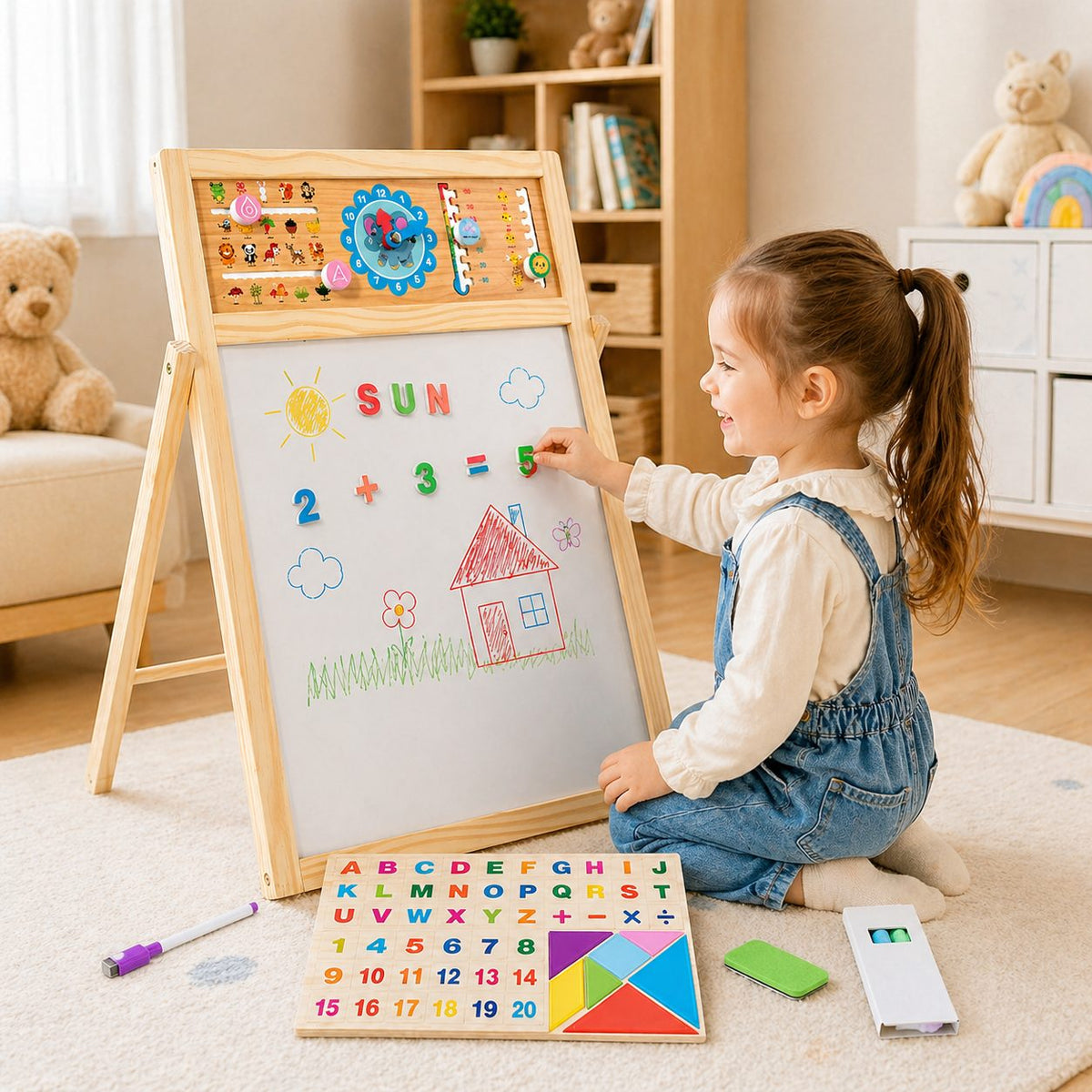 Tabla Educativa de Desen Magnetica cu Doua Fete, Klevo, Reglabila pe Inaltime, Cadru din Lemn, Tabla Alba, Litere, Cifre, Ceas si Accesorii Incluse, 52x36 cm