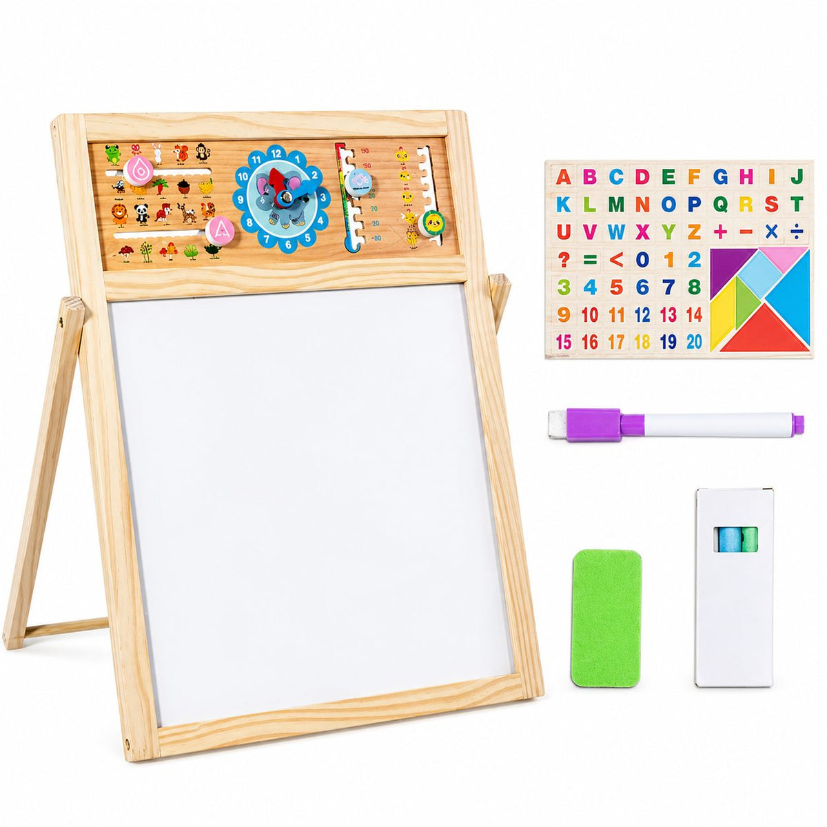 Tabla Educativa de Desen Magnetica cu Doua Fete, Klevo, Reglabila pe Inaltime, Cadru din Lemn, Tabla Alba, Litere, Cifre, Ceas si Accesorii Incluse, 52x36 cm