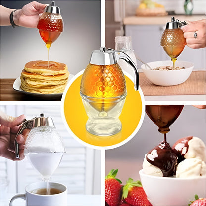 Dozator de Miere, Klevo, Dispenser fara Picurare, Borcan Tip Fagure, fara Scurgeri, pentru Zahar si Sirop, 15x8 cm, Transparent