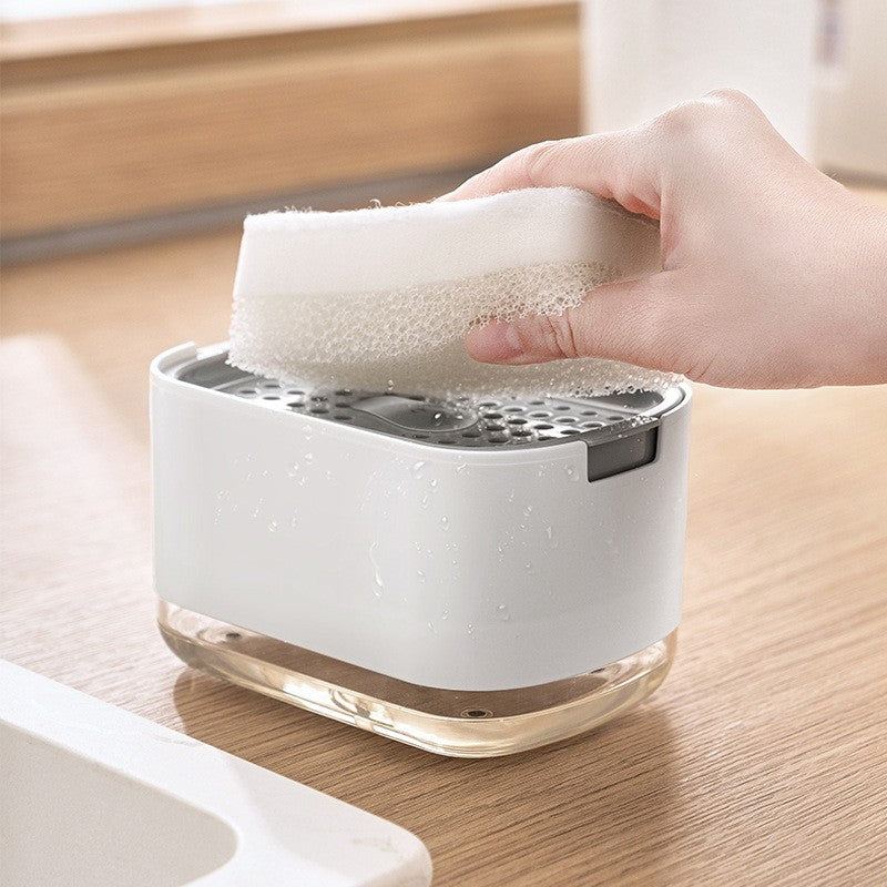 Dozator Klevo, Dispenser 2 in 1 pentru Detergent Lichid de Vase sau pentru Obiecte Sanitare cu Suport pentru Burete de Bucatarie , 8.6 x 14.5 x 10 cm, capacitate 300 ml, alb