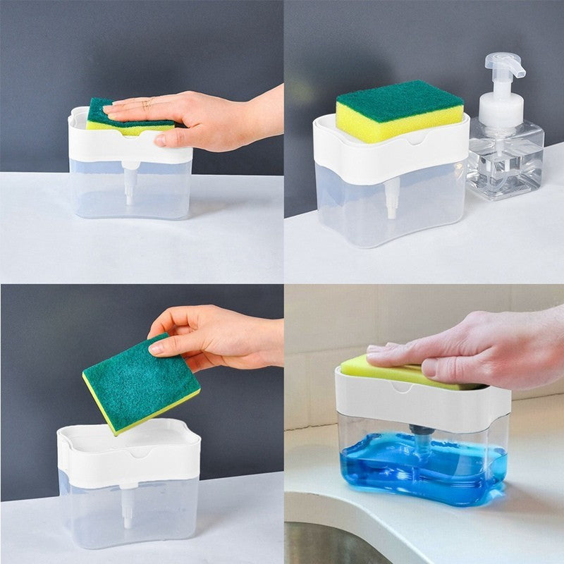 Dozator Klevo, Dispenser 2 in 1 pentru Detergent Lichid de Vase sau pentru Obiecte Sanitare cu Suport pentru Burete de Bucatarie ,14 x 10.5 x 10 cm, capacitate 380 ml, alb