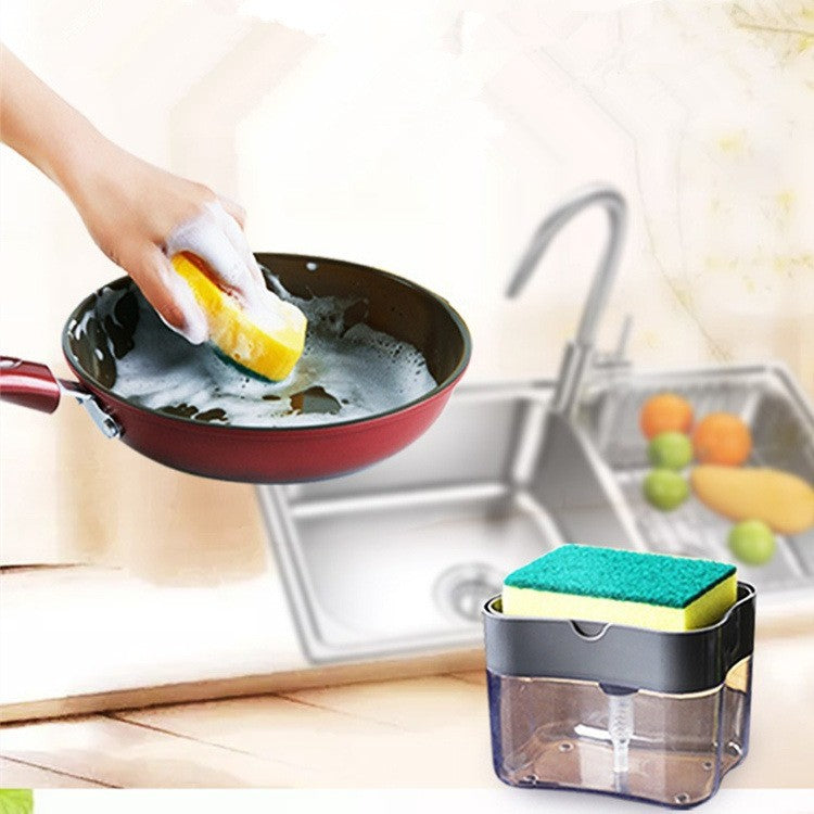 Dozator Klevo, Dispenser 2 in 1 pentru Detergent Lichid de Vase sau pentru Obiecte Sanitare cu Suport pentru Burete de Bucatarie ,14 x 10.5 x 10 cm, capacitate 380 ml, negru