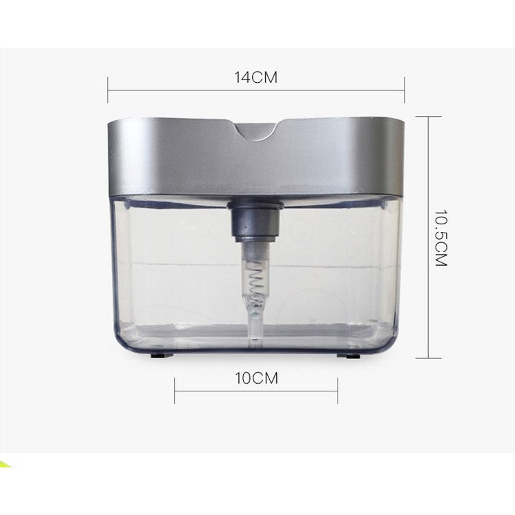 Dozator Klevo, Dispenser 2 in 1 pentru Detergent Lichid de Vase sau pentru Obiecte Sanitare cu Suport pentru Burete de Bucatarie ,14 x 10.5 x 10 cm, capacitate 380 ml, gri