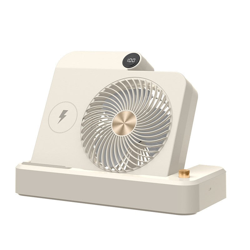 Ventilator 2in1, Klevo, Functie Incarcare Telefon Wireless, 100 Trepte de Viteza, 2400 mAh, 5V, 2A, 25 x 16.5 x 24 cm, Bej