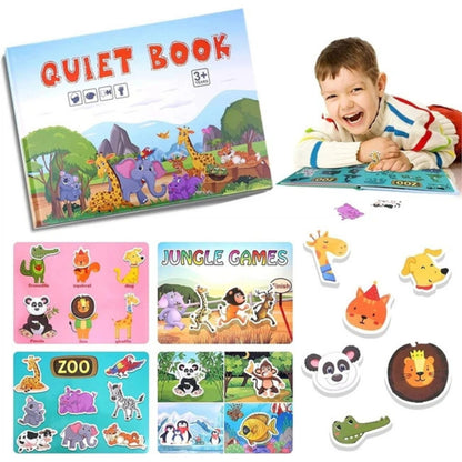 Carte Educativa cu Stickere Reutilizabile, Klevo, Quiet Book Senzoriala cu Pagini Interactive, Puzzle, Joc Montessori, Seria ''Lumea Animalelor'', Dezvolta Motricitatea Fina si Logica, Quiet Book pentru Invatare Timpurie, 3 ani, Multicolor