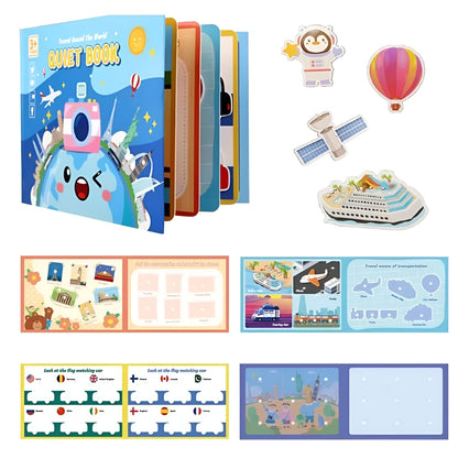 Carte Educativa cu Stickere Reutilizabile, Klevo, Quiet Book Senzoriala cu Pagini Interactive , Joc Montessori, Seria ''In Jurul Lumii', Puzzle, Dezvolta Motricitatea Fina si Logica, Quiet Book pentru Invatare Timpurie, 3 ani, Multicolor
