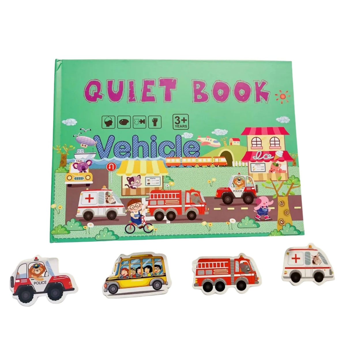 Carte Educativa cu Stickere Reutilizabile, Klevo, Quiet Book Senzoriala cu Pagini Interactive , Joc Montessori, Seria ''Vehicule si Masini'', Puzzle, Dezvolta Motricitatea Fina si Logica, Quiet Book pentru Invatare Timpurie, 3 ani, Multicolor