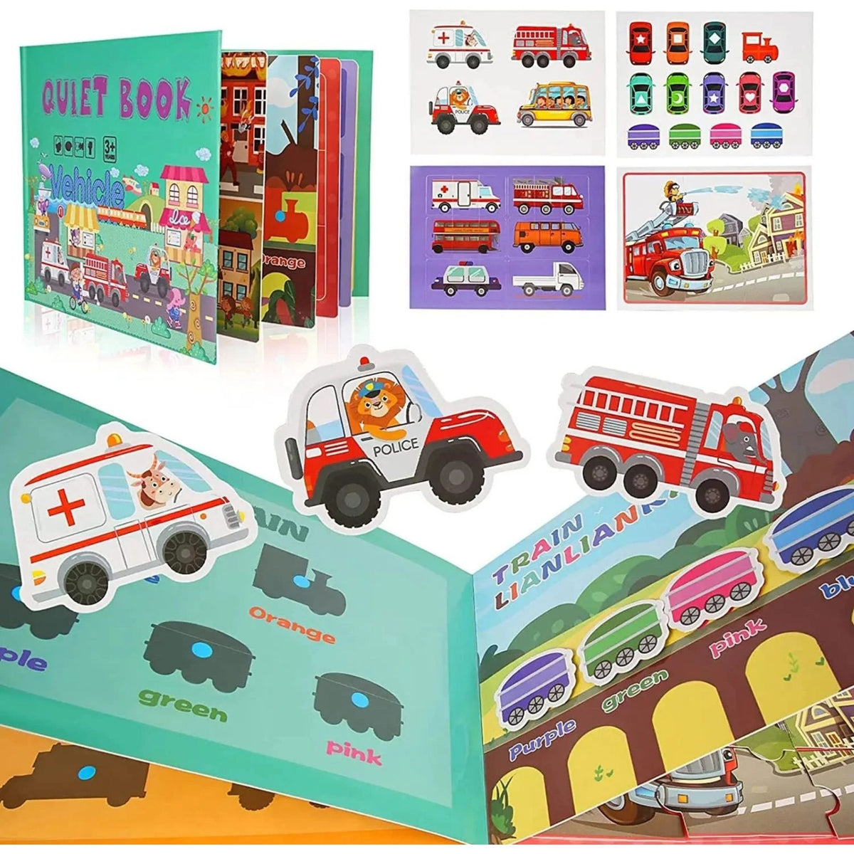 Carte Educativa cu Stickere Reutilizabile, Klevo, Quiet Book Senzoriala cu Pagini Interactive , Joc Montessori, Seria ''Vehicule si Masini'', Puzzle, Dezvolta Motricitatea Fina si Logica, Quiet Book pentru Invatare Timpurie, 3 ani, Multicolor