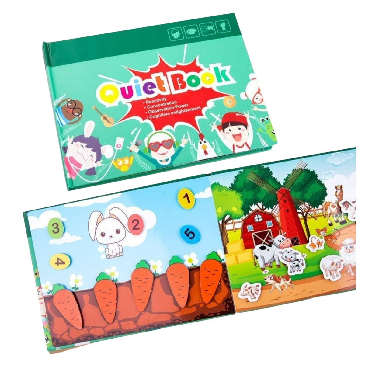 Carte Educativa cu Stickere Reutilizabile, Klevo, Quiet Book Senzoriala cu Pagini Interactive , Joc Montessori, Dezvolta Motricitatea Fina si Logica, Quiet Book pentru Invatare Timpurie, 3 ani, Multicolor