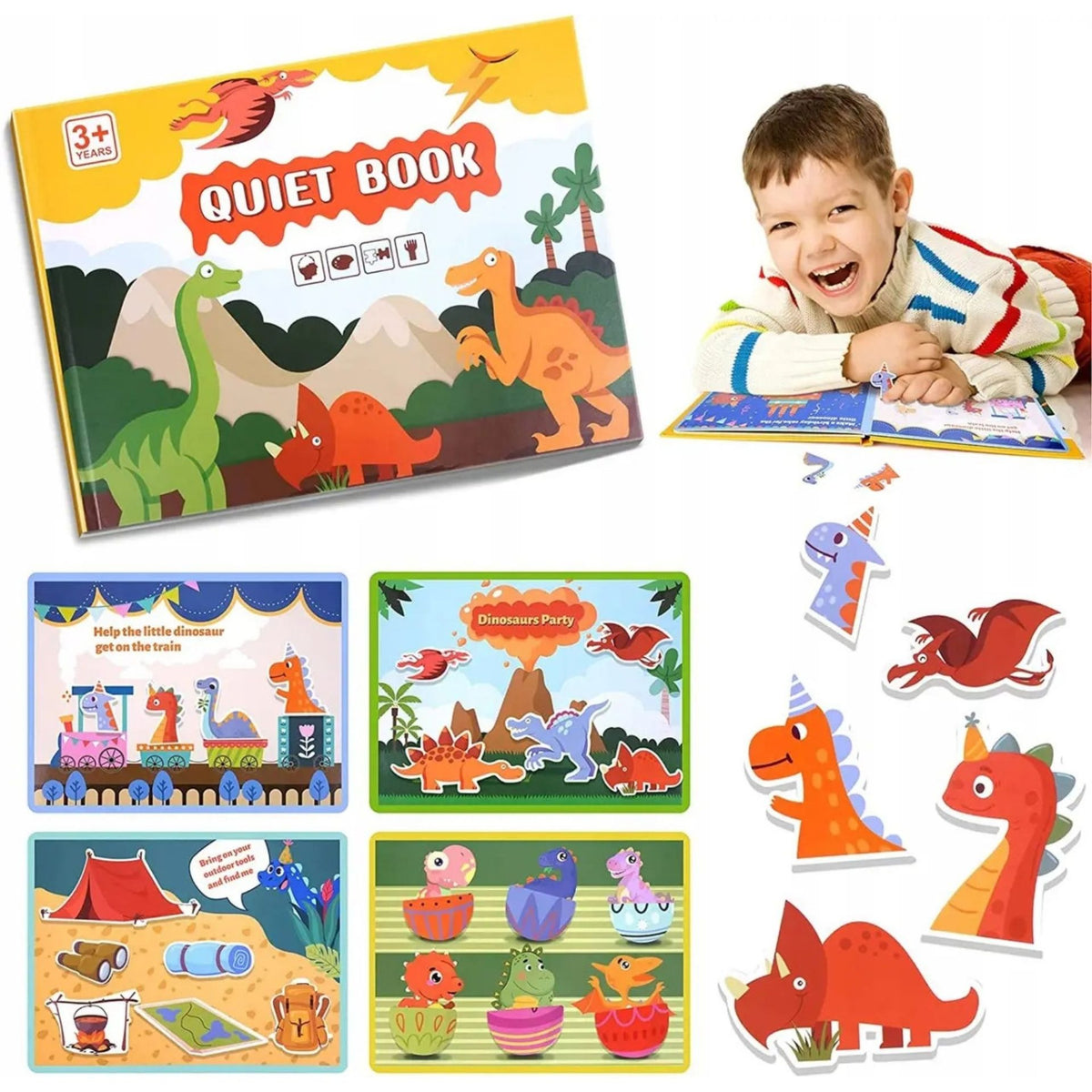 Carte Educativa cu Stickere Reutilizabile, Klevo, Quiet Book Senzoriala cu Pagini Interactive , Joc Montessori, Seria ''Dinozaur'', Dezvolta Motricitatea Fina si Logica, Quiet Book pentru Invatare Timpurie, 3 ani, Multicolor