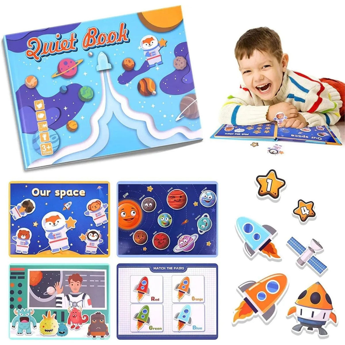 Carte Educativa cu Stickere Reutilizabile, Klevo, Quiet Book Senzoriala cu Pagini Interactive , Joc Montessori, Seria ''Explorarea Spatiului'', Dezvolta Motricitatea Fina si Logica, Quiet Book pentru Invatare Timpurie, 3 ani, Multicolor