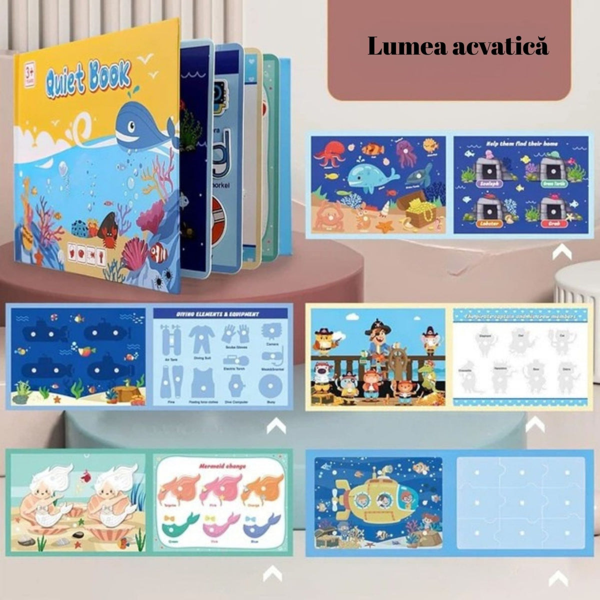 Carte Educativa cu Stickere Reutilizabile, Klevo, Quiet Book Senzoriala cu Pagini Interactive, Joc Montessori, Seria ''Lumea Acvatica'', Dezvolta Motricitatea Fina si Logica, pentru Invatare Timpurie, 3 ani, Multicolor