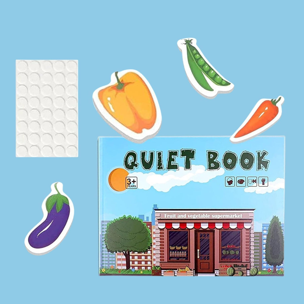 Carte Educativa cu Stickere Reutilizabile, Klevo, Quiet Book Senzoriala cu Pagini Interactive , Joc Montessori, Seria ''Fructe si Legume'', Dezvolta Motricitatea Fina si Logica, pentru Invatare Timpurie, 3 ani, Multicolor