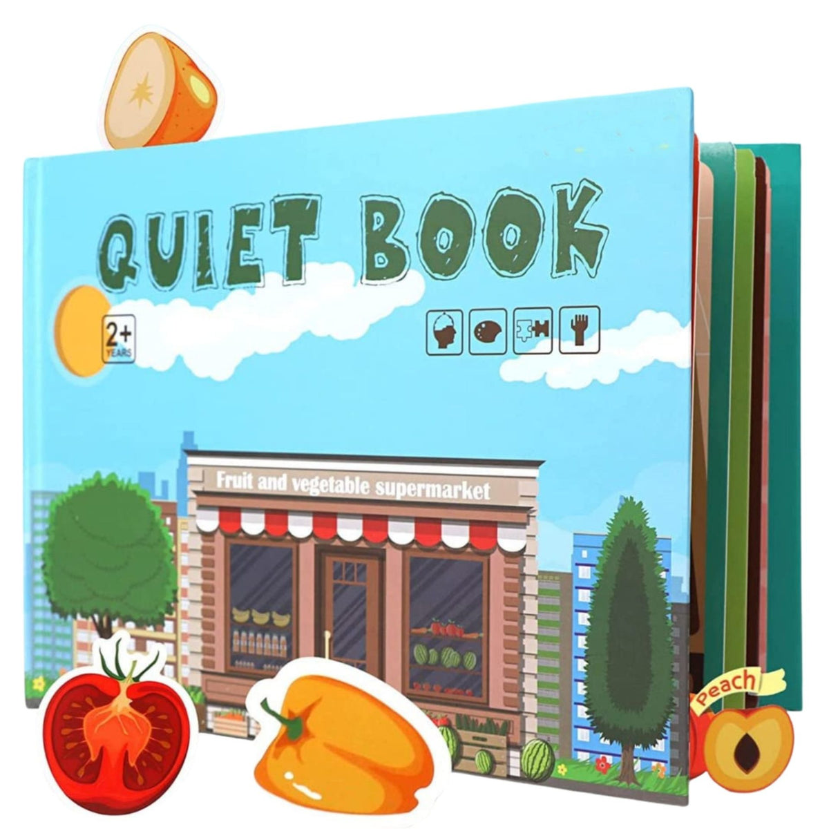 Carte Educativa cu Stickere Reutilizabile, Klevo, Quiet Book Senzoriala cu Pagini Interactive , Joc Montessori, Seria ''Fructe si Legume'', Dezvolta Motricitatea Fina si Logica, pentru Invatare Timpurie, 3 ani, Multicolor