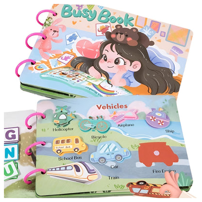 Carte Educationala Montessori, Klevo, Joc Educational Busy Book, Carte Senzoriala cu 12 Teme de Invatare, Dezvolta Motricitatea Fina si Logica, Alfabet, Cifre, Jucarie de Calatorie, 3ani+, Multicolor