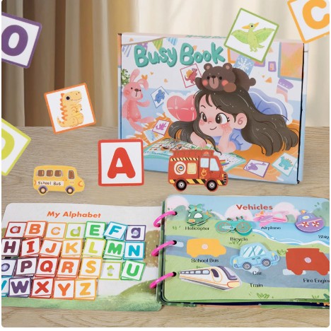 Carte Educationala Montessori, Klevo, Joc Educational Busy Book, Carte Senzoriala cu 12 Teme de Invatare, Dezvolta Motricitatea Fina si Logica, Alfabet, Cifre, Jucarie de Calatorie, 3ani+, Multicolor