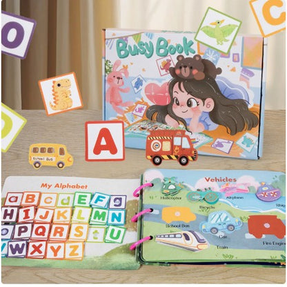 Carte Educationala Montessori, Klevo, Joc Educational Busy Book, Carte Senzoriala cu 12 Teme de Invatare, Dezvolta Motricitatea Fina si Logica, Alfabet, Cifre, Jucarie de Calatorie, 3ani+, Multicolor